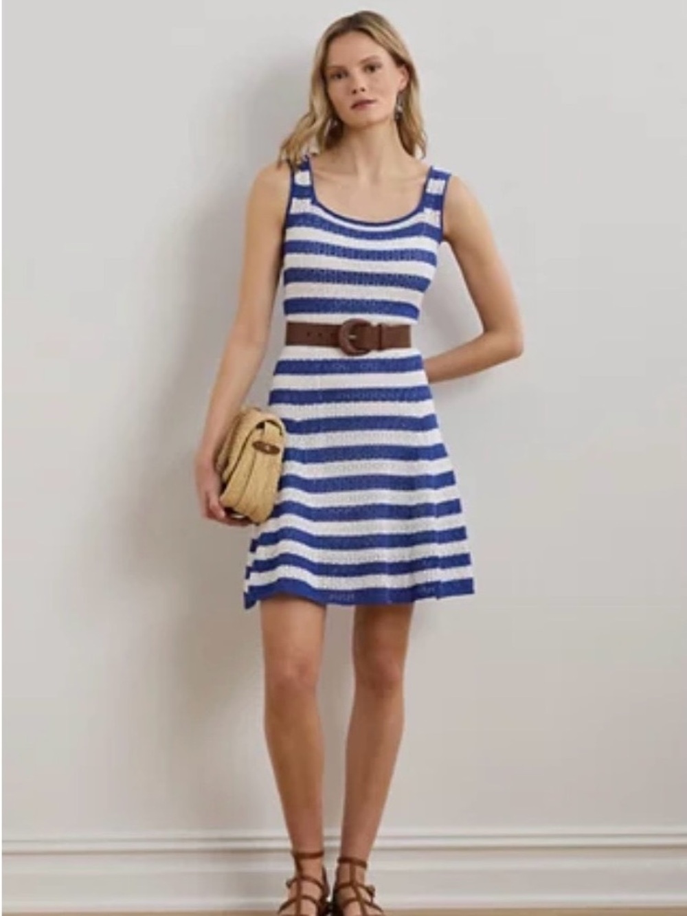 Lauren Ralph Lauren Blue and White Striped Pointelle Knit Mini Dress